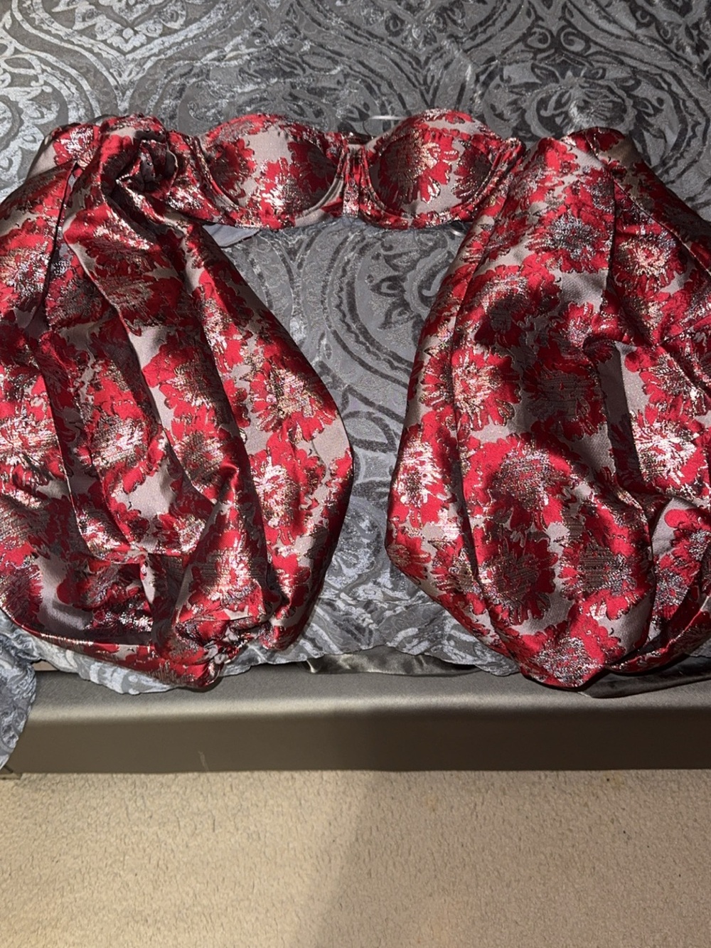 AKIRA Red and Gold Floral Satin Strapless Bustier